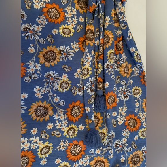 J. Jill Sunflower Knit Henley Dress Blue Orange Floral Tie Waist Tassels Medium - Picture 5 of 12